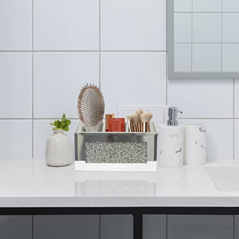 HMRCYTE 실버 미러 메이크업 브러쉬 홀더 주최자, 3 슬롯 크리스탈 유리 화장품 브러쉬 보관함, 화장대용 블링 분쇄 다이아몬드 펜 연필 홀더, 홈 장식용 고급 아이라이너 디스플레이 케이스