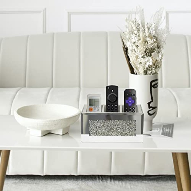 HMRCYTE 실버 미러 메이크업 브러쉬 홀더 주최자, 3 슬롯 크리스탈 유리 화장품 브러쉬 보관함, 화장대용 블링 분쇄 다이아몬드 펜 연필 홀더, 홈 장식용 고급 아이라이너 디스플레이 케이스