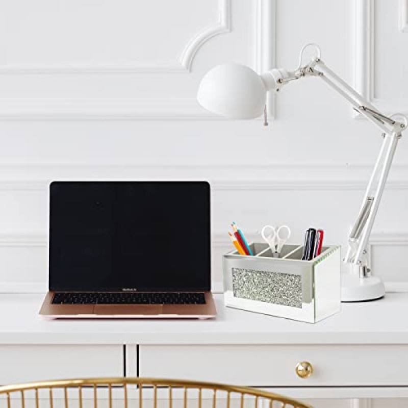 HMRCYTE 실버 미러 메이크업 브러쉬 홀더 주최자, 3 슬롯 크리스탈 유리 화장품 브러쉬 보관함, 화장대용 블링 분쇄 다이아몬드 펜 연필 홀더, 홈 장식용 고급 아이라이너 디스플레이 케이스