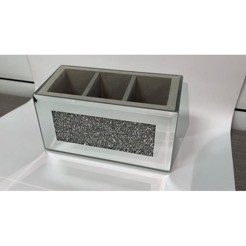 HMRCYTE 실버 미러 메이크업 브러쉬 홀더 주최자, 3 슬롯 크리스탈 유리 화장품 브러쉬 보관함, 화장대용 블링 분쇄 다이아몬드 펜 연필 홀더, 홈 장식용 고급 아이라이너 디스플레이 케이스