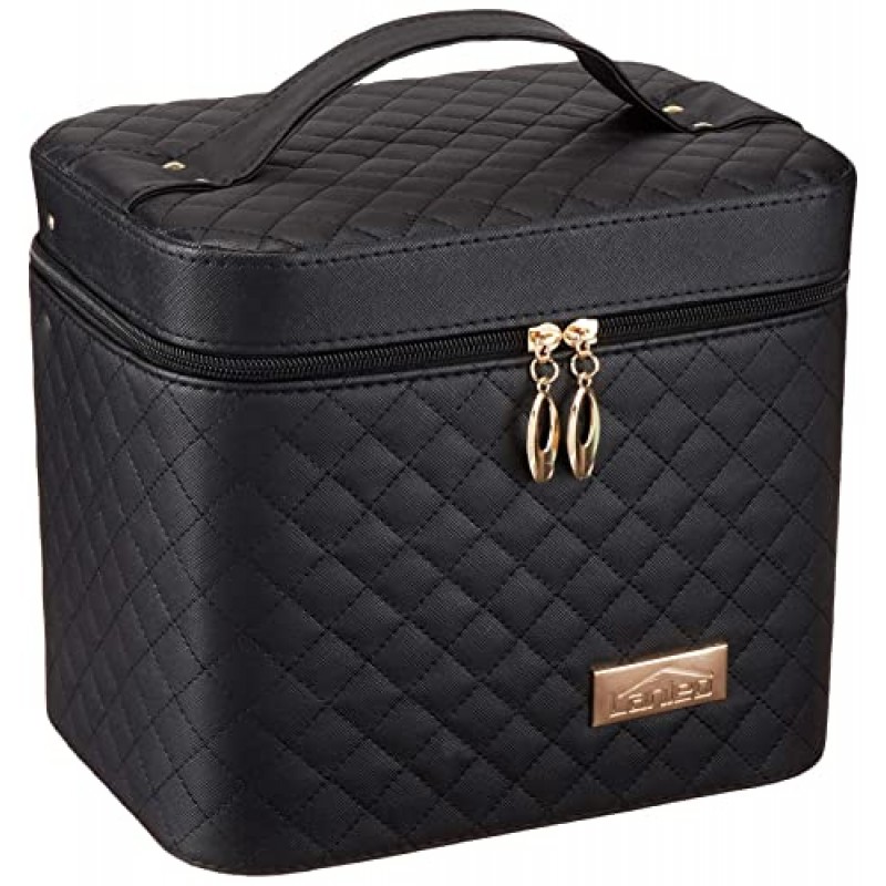 Sooyee 메이크업 가방, 거울이 있는 메이크업 정리함, 접이식 트레이가 있는 화장품 여행 가방, 모든 화장품 전문 메이크업 케이스에 맞게 설계된 여성용 화장품 가방, 블랙