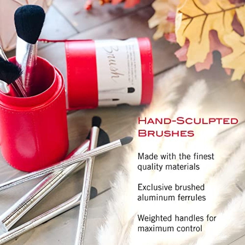 미라벨라 라이너 및 브로우 듀오 브러쉬 - 프로페셔널 및 프리미엄 메이크업 뷰티 브러쉬 - 천연 및 동물 실험을 하지 않은 합성 강모, 손으로 조각한 브러시드 알루미늄 럭셔리 화장품 메이크업 브러쉬