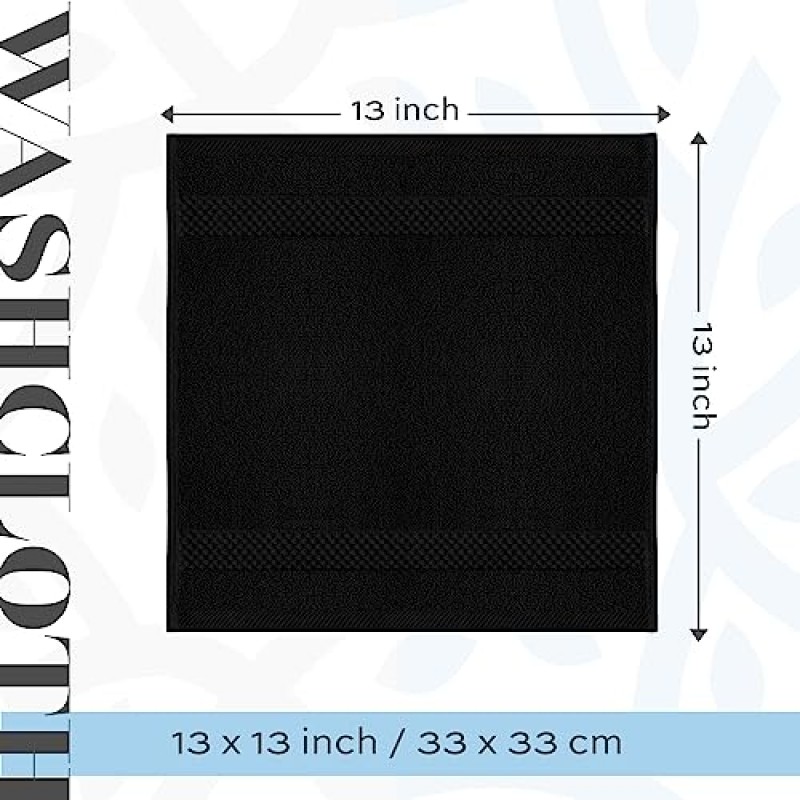화이트 클래식 럭셔리 면 수건 - 메이크업 제거 페이스 타올 세트 | 12 팩 | 검은색