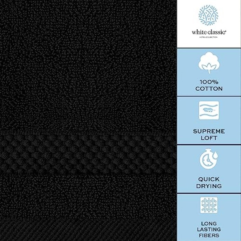 화이트 클래식 럭셔리 면 수건 - 메이크업 제거 페이스 타올 세트 | 12 팩 | 검은색