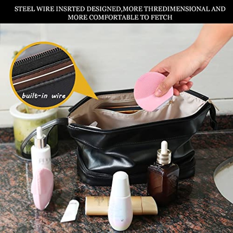 Abiudeng 더블 레이어 대용량 여행 화장품 가방, 여성용 세면 용품 가방, 체크 무늬 휴대용 가죽 럭셔리 메이크업 가방-블랙