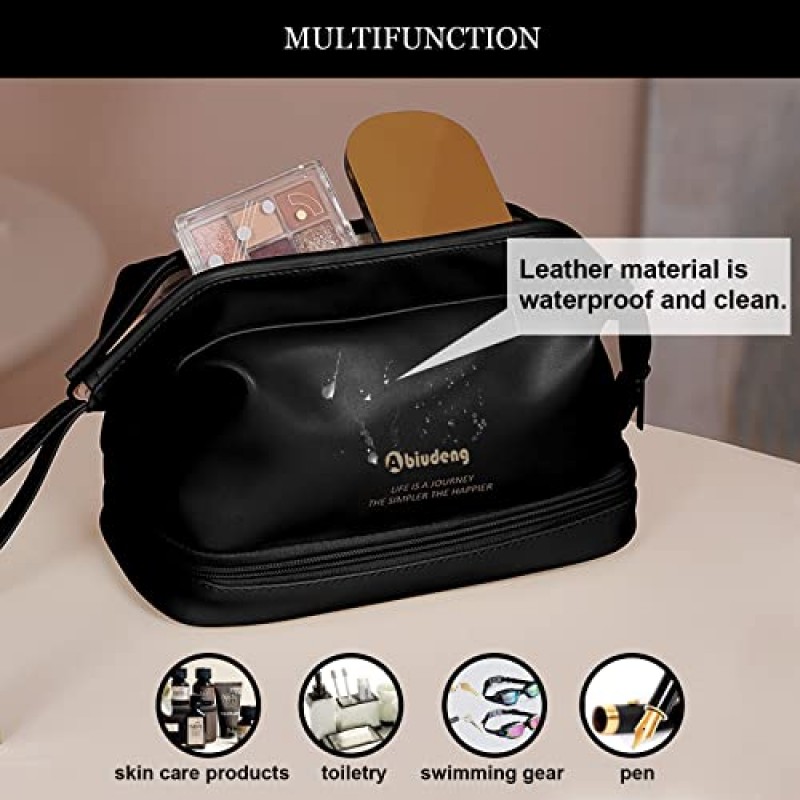 Abiudeng 더블 레이어 대용량 여행 화장품 가방, 여성용 세면 용품 가방, 체크 무늬 휴대용 가죽 럭셔리 메이크업 가방-블랙