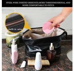 Abiudeng 더블 레이어 대용량 여행 화장품 가방, 여성용 세면 용품 가방, 체크 무늬 휴대용 가죽 럭셔리 메이크업 가방-블랙