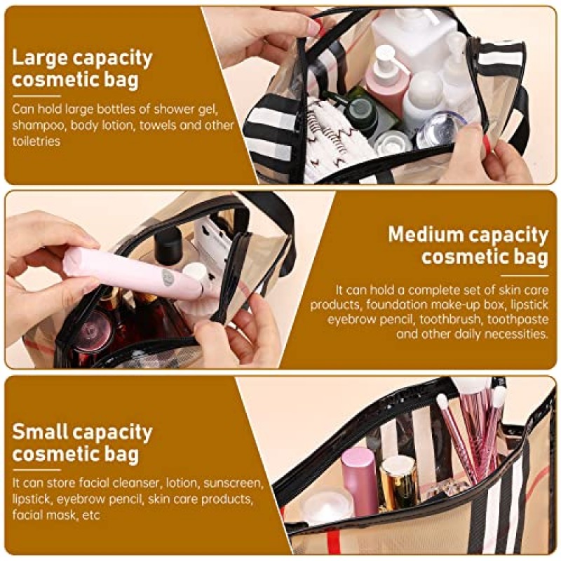 GOLIKEE 3Pcs 메이크업 가방 줄무늬 화장품 가방 세트 휴대용 투명 방수 여행 주최자 다기능 저장 가방 여성용 격자 무늬 세면 용품 가방 (줄무늬)