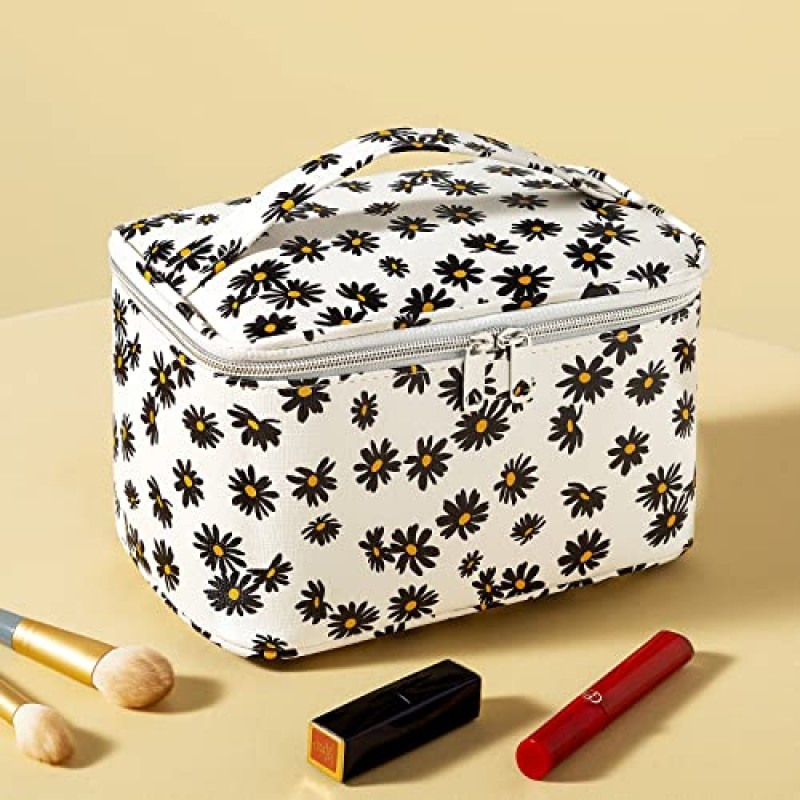 HooOriana 메이크업 가방 세트 화장품 가방 3 조각 흰색 데이지와 여성을위한 귀여운 작은 메이크업 가방 미니 귀여운 스타일 여행 메이크업 가방 여성을위한 여행 세면 용품 가방 (흰색 데이지)