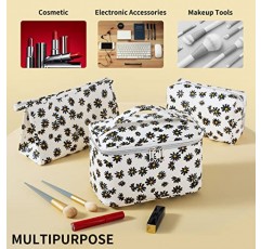 HooOriana 메이크업 가방 세트 화장품 가방 3 조각 흰색 데이지와 여성을위한 귀여운 작은 메이크업 가방 미니 귀여운 스타일 여행 메이크업 가방 여성을위한 여행 세면 용품 가방 (흰색 데이지)