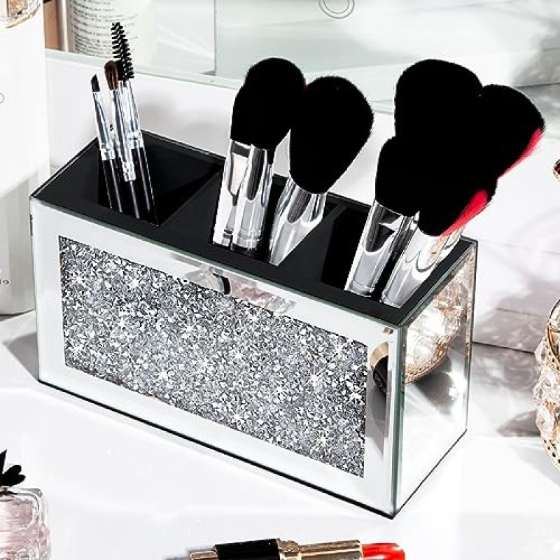 SHYFOY 미러 메이크업 브러쉬 홀더 주최자, 3 슬롯 유리 화장품 브러쉬 크리스탈 분쇄 다이아몬드가 포함된 보관 홀더, 책상용 귀여운 펜 및 연필 홀더, 화장대용 아이라이너 디스플레이 케이스