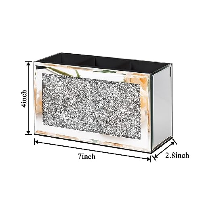 SHYFOY 미러 메이크업 브러쉬 홀더 주최자, 3 슬롯 유리 화장품 브러쉬 크리스탈 분쇄 다이아몬드가 포함된 보관 홀더, 책상용 귀여운 펜 및 연필 홀더, 화장대용 아이라이너 디스플레이 케이스