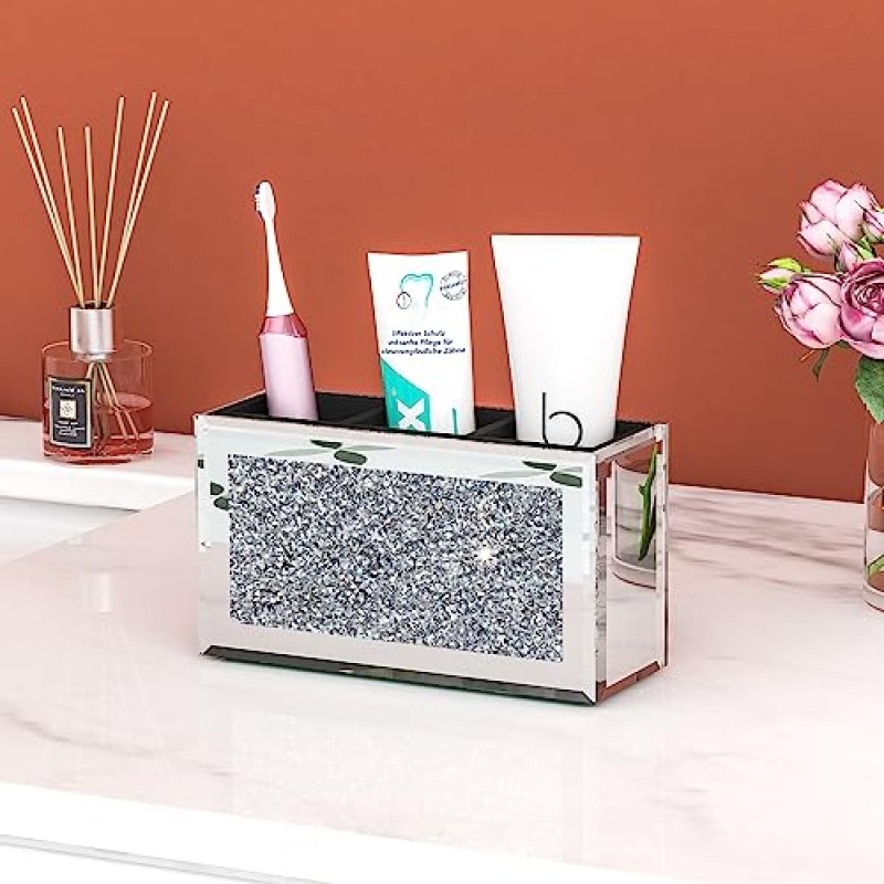 SHYFOY 미러 메이크업 브러쉬 홀더 주최자, 3 슬롯 유리 화장품 브러쉬 크리스탈 분쇄 다이아몬드가 포함된 보관 홀더, 책상용 귀여운 펜 및 연필 홀더, 화장대용 아이라이너 디스플레이 케이스