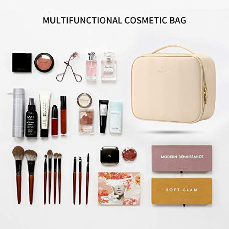 Vlando 화장품 가방 주최자 가죽 메이크업 케이스 여성용 보관 조절 가능한 디바이더 메이크업 브러쉬 케이스 화이트