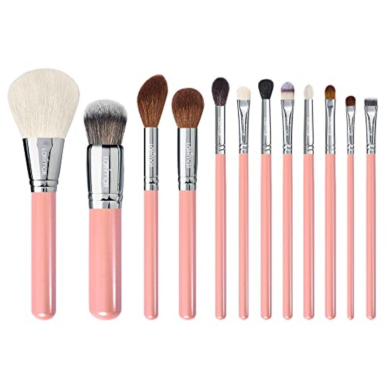 Larimar 럭셔리 핑크 메이크업 브러쉬 세트(핑크 우드 에디션), 천연 염소 털 및 매우 부드러운 프리미엄 합성 헤어 브러쉬 파운데이션, 컨실러, 아이라이너, 아이섀도, 아이 컨투어, 블렌딩 플러프용 나무 손잡이 깔끔한 각진 브러쉬 홀더가 포함된 12개 브러쉬 세트