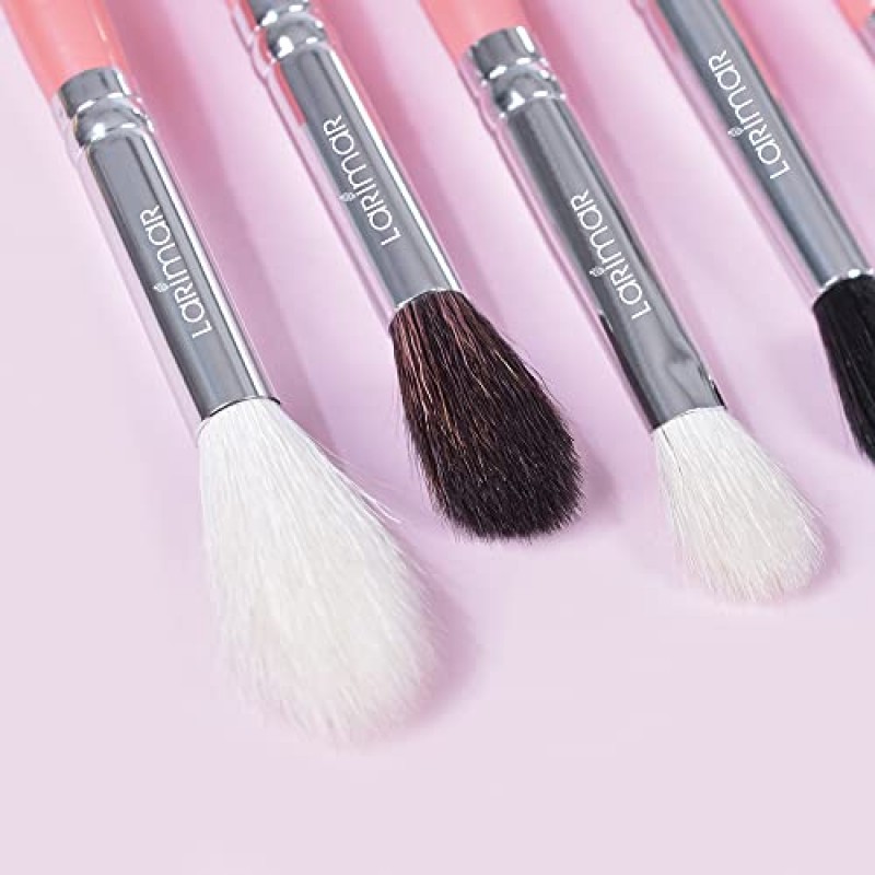 Larimar 럭셔리 핑크 메이크업 브러쉬 세트(핑크 우드 에디션), 천연 염소 털 및 매우 부드러운 프리미엄 합성 헤어 브러쉬 파운데이션, 컨실러, 아이라이너, 아이섀도, 아이 컨투어, 블렌딩 플러프용 나무 손잡이 깔끔한 각진 브러쉬 홀더가 포함된 12개 브러쉬 세트