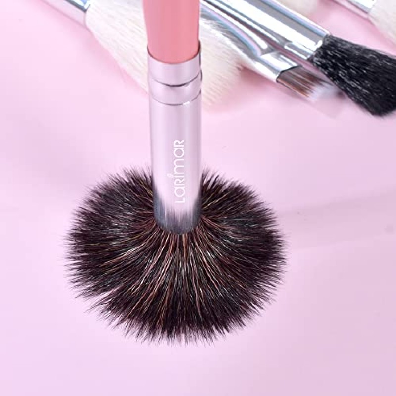 Larimar 럭셔리 핑크 메이크업 브러쉬 세트(핑크 우드 에디션), 천연 염소 털 및 매우 부드러운 프리미엄 합성 헤어 브러쉬 파운데이션, 컨실러, 아이라이너, 아이섀도, 아이 컨투어, 블렌딩 플러프용 나무 손잡이 깔끔한 각진 브러쉬 홀더가 포함된 12개 브러쉬 세트