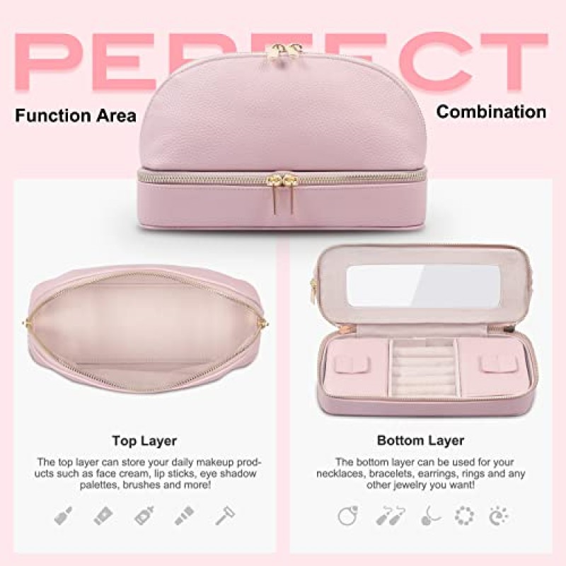 EHJ 프리미엄 뷰티 2-in-1 주얼리 및 메이크업 가방 – 주얼리 홀더가 포함된 실용적인 여행 세면도구 가방 – 여성용 탑 세면도구 가방이 포함된 주얼리 정리함 여행 케이스 – 부드러운 PU 가죽 –9.5 x 6 x 3.5인치