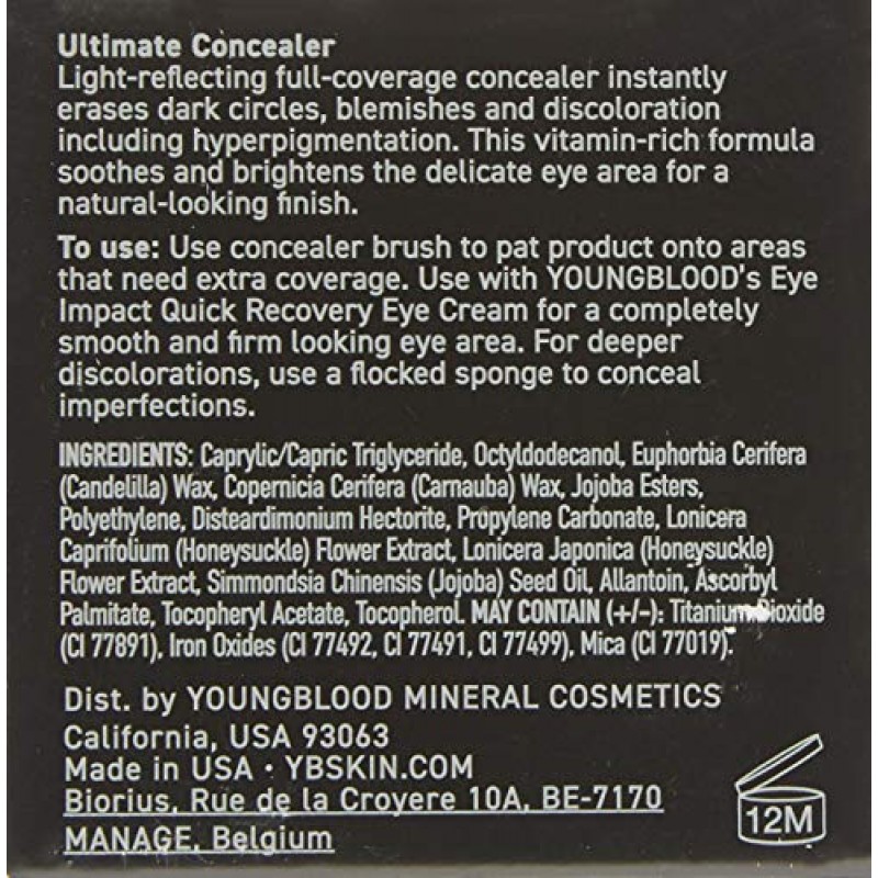 영블러드 클린 럭셔리 코스메틱 얼티미트 컨실러, 미디엄 탠 | 눈 밑 다크 서클 풀 커버리지 브라이트닝 주름 없이 변색 및 잡티 커버 | 비건, 잔혹 행위 없음