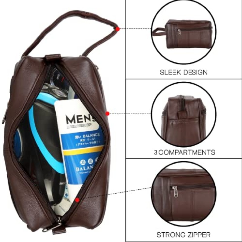 리버티 가죽 - 정품 양 나파 가죽 남녀공용 럭셔리 세면도구 여행 가방 | 남성과 여성을 위한 여러 칸막이가 있는 욕실 정리함 | 여행용 Dopp Kit용 휴대용 화장품 케이스