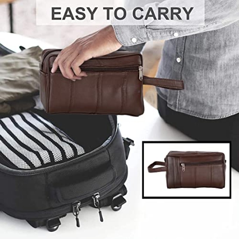 리버티 가죽 - 정품 양 나파 가죽 남녀공용 럭셔리 세면도구 여행 가방 | 남성과 여성을 위한 여러 칸막이가 있는 욕실 정리함 | 여행용 Dopp Kit용 휴대용 화장품 케이스