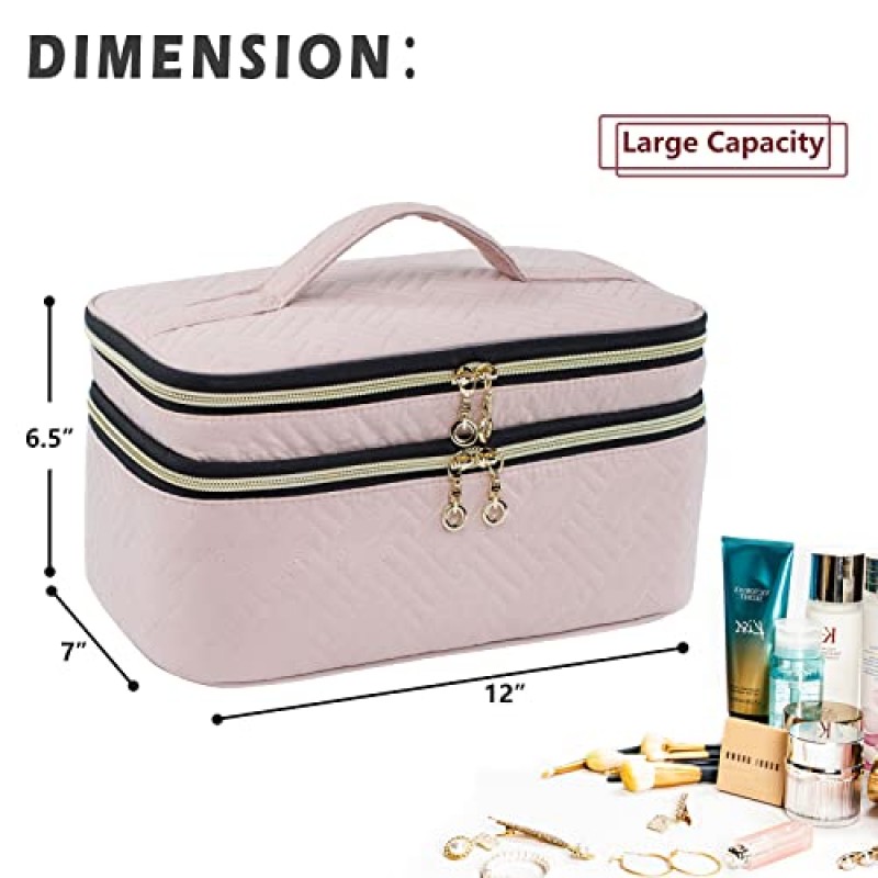 AMOIGEE 대형 메이크업 가방, 여행용 메이크업 가방 정리함, 더블 레이어 트레인 케이스 메이크업 가방, 메이크업 브러쉬용 세면도구 가방, 풀 사이즈 병, 팔레트 스펀지, 화장품 정리함, 핑크