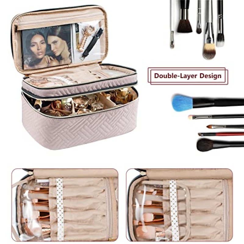 AMOIGEE 대형 메이크업 가방, 여행용 메이크업 가방 정리함, 더블 레이어 트레인 케이스 메이크업 가방, 메이크업 브러쉬용 세면도구 가방, 풀 사이즈 병, 팔레트 스펀지, 화장품 정리함, 핑크