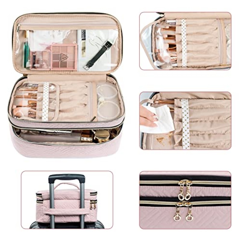 AMOIGEE 대형 메이크업 가방, 여행용 메이크업 가방 정리함, 더블 레이어 트레인 케이스 메이크업 가방, 메이크업 브러쉬용 세면도구 가방, 풀 사이즈 병, 팔레트 스펀지, 화장품 정리함, 핑크