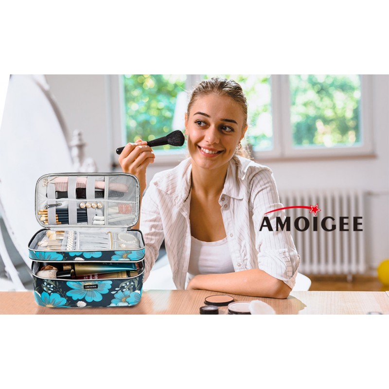AMOIGEE 대형 메이크업 가방, 여행용 메이크업 가방 정리함, 더블 레이어 트레인 케이스 메이크업 가방, 메이크업 브러쉬용 세면도구 가방, 풀 사이즈 병, 팔레트 스펀지, 화장품 정리함, 핑크