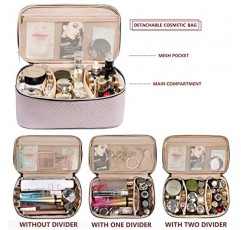 AMOIGEE 대형 메이크업 가방, 여행용 메이크업 가방 정리함, 더블 레이어 트레인 케이스 메이크업 가방, 메이크업 브러쉬용 세면도구 가방, 풀 사이즈 병, 팔레트 스펀지, 화장품 정리함, 핑크