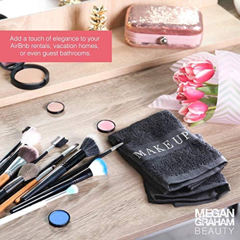 리틀 블랙 타올 메이크업 리무버 천 - 순한 세안, 아이라이너 제거, 마스카라, 파운데이션 지우개를 위한 고급 수건입니다. 표백제 방지, 소프트 자카드 레터링, 4개 팩