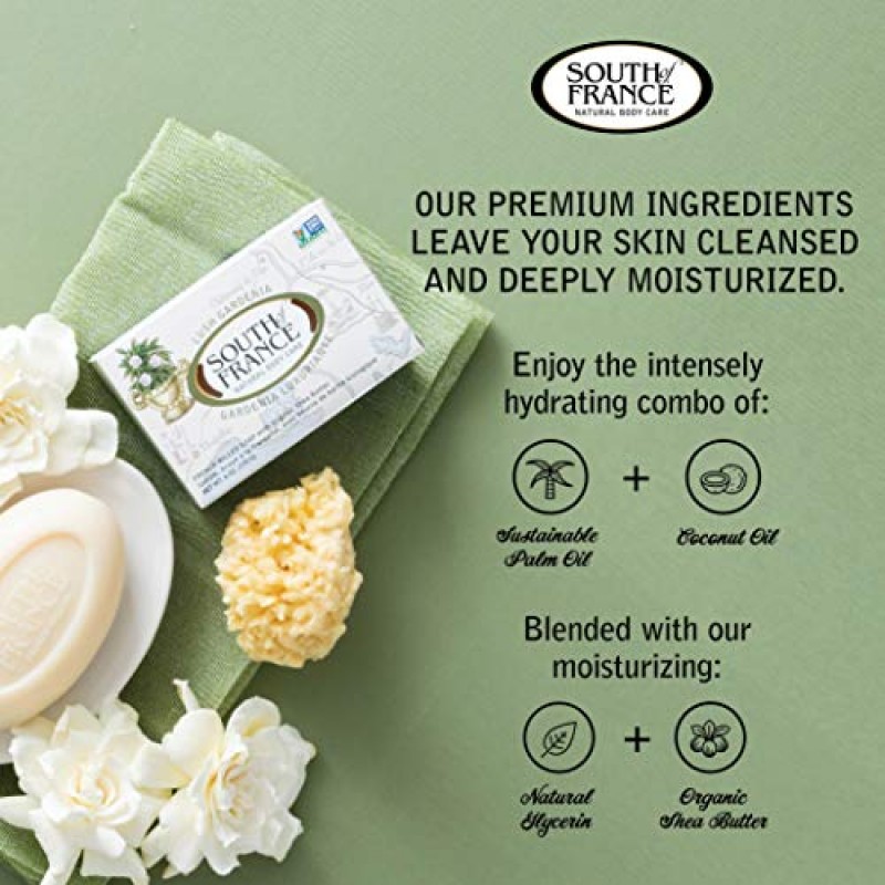 Lush Gardenia Clean Bar Soap by South of France 클린 바디 케어 | 유기농 시어 버터 + 에센셜 오일이 함유된 삼중 가공 프랑스 비누 | 비건, Non-GMO 바디 비누 | 6온스 바 – 4팩