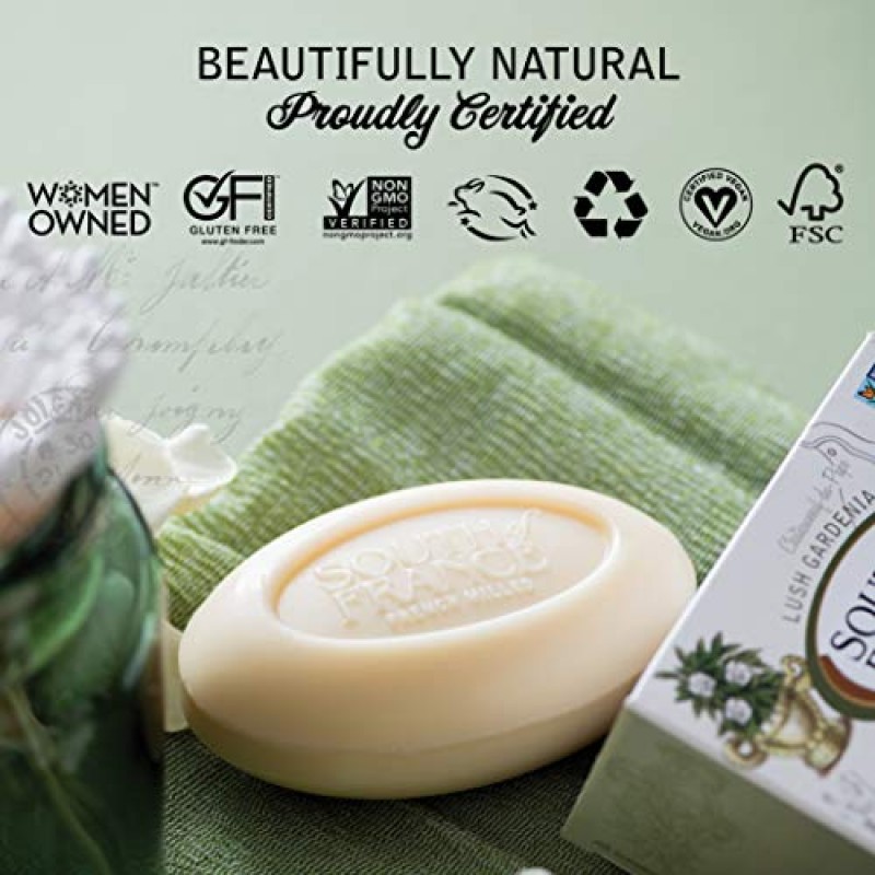 Lush Gardenia Clean Bar Soap by South of France 클린 바디 케어 | 유기농 시어 버터 + 에센셜 오일이 함유된 삼중 가공 프랑스 비누 | 비건, Non-GMO 바디 비누 | 6온스 바 – 4팩