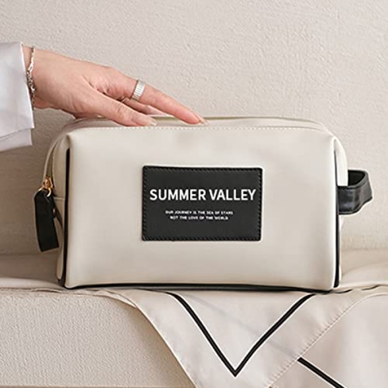 cirea 레트로 대비 컬러 메이크업 가방 휴대용 대용량 고급 보관 가방 새로운 PU 방수 워시 가방 (블랙)