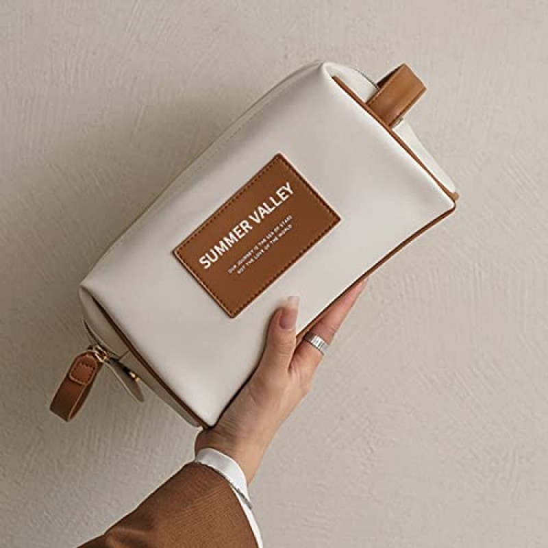 cirea 레트로 대비 컬러 메이크업 가방 휴대용 대용량 고급 보관 가방 새로운 PU 방수 워시 가방 (블랙)