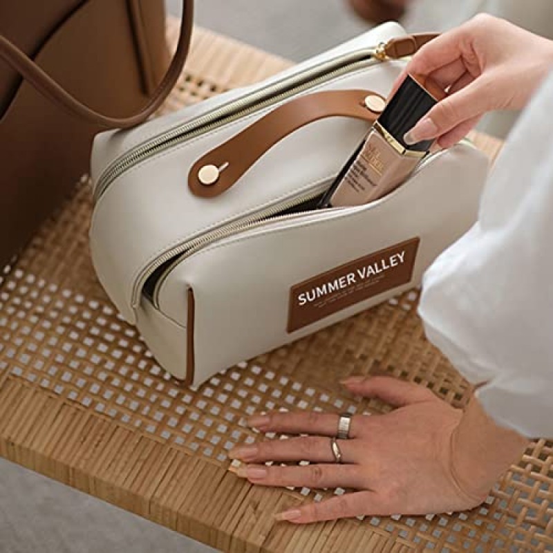 cirea 레트로 대비 컬러 메이크업 가방 휴대용 대용량 고급 보관 가방 새로운 PU 방수 워시 가방 (블랙)