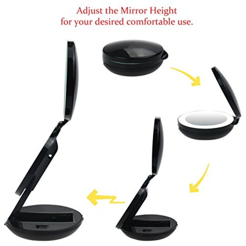 VrHere MirriM LED 조명 여행용 메이크업 확대경, 10x 및 1x 확대, 고급 양면 및 접이식 포켓 화장대/화장 거울(검은색)