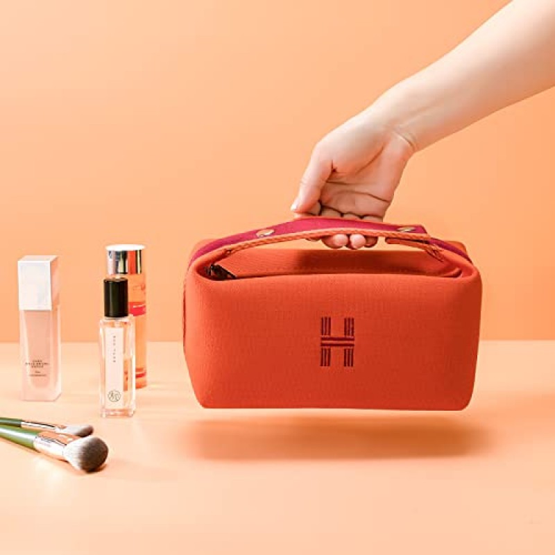 Sluxa 여성용 패션 메이크업 가방, 오렌지 레드 캔버스 메이크업 여행 가방, 여성용 화장품 가방 주최자