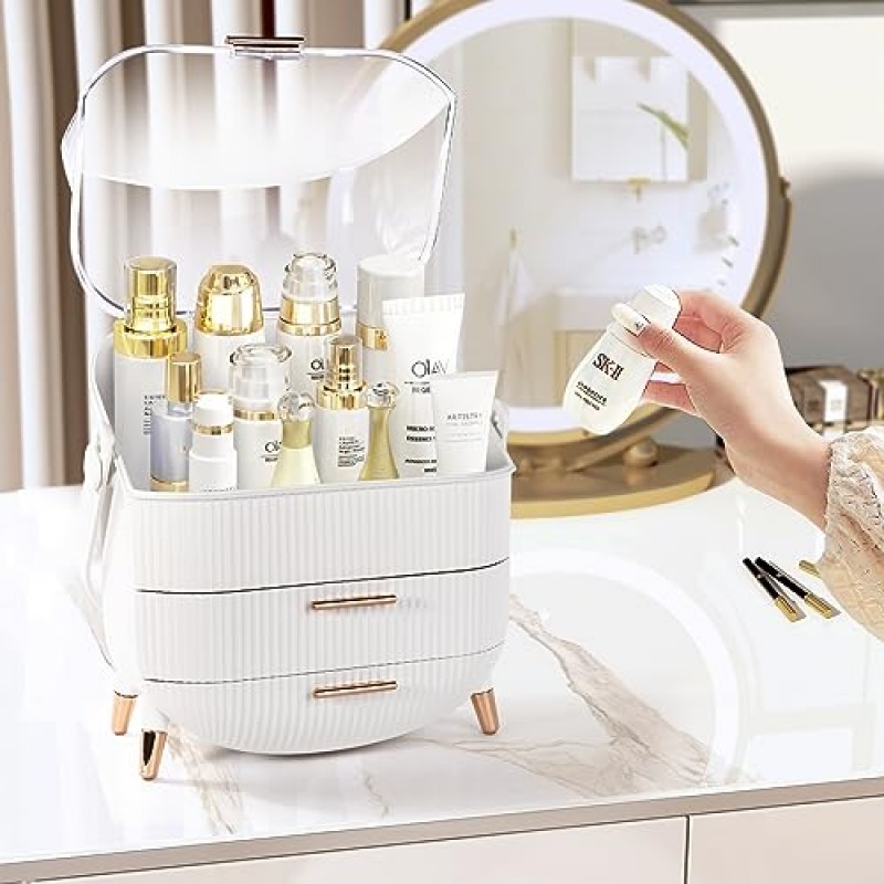 YITONGDA 휴대용 화장품 보관 상자, 화장대용 메이크업 정리함, 욕실용 프레피 스킨 케어 캐디, 옷장 수조, 기숙사, 화장품 디스플레이 랙(흰색).