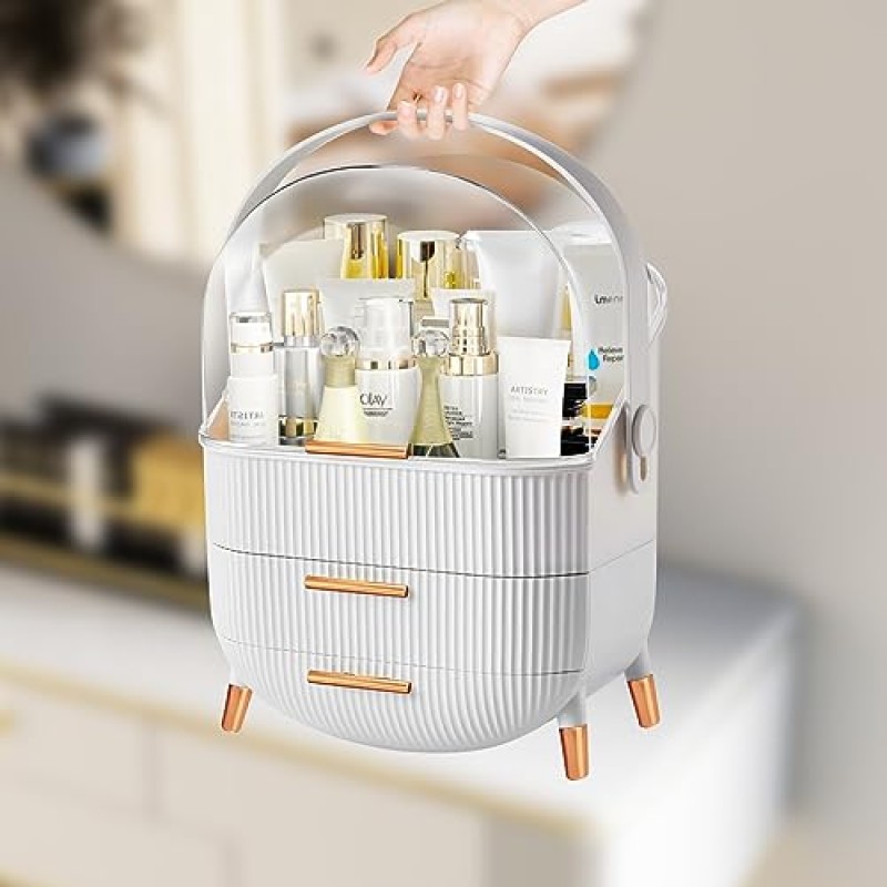 YITONGDA 휴대용 화장품 보관 상자, 화장대용 메이크업 정리함, 욕실용 프레피 스킨 케어 캐디, 옷장 수조, 기숙사, 화장품 디스플레이 랙(흰색).
