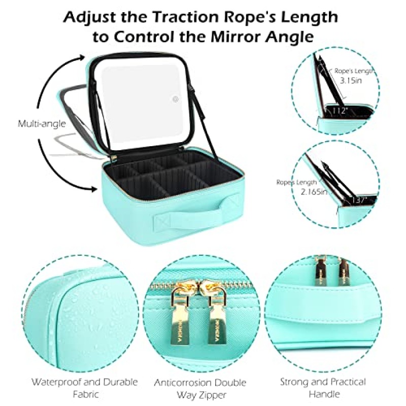 거울과 가벼운 MOMIRA 메이크업 가방 여행 메이크업 기차 케이스 화장품 가방 정리함 조절 가능한 칸막이가 있는 휴대용 아티스트 보관 가방 메이크업 브러쉬 보관 정리함 아쿠아 블루