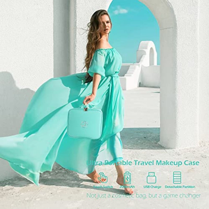 거울과 가벼운 MOMIRA 메이크업 가방 여행 메이크업 기차 케이스 화장품 가방 정리함 조절 가능한 칸막이가 있는 휴대용 아티스트 보관 가방 메이크업 브러쉬 보관 정리함 아쿠아 블루