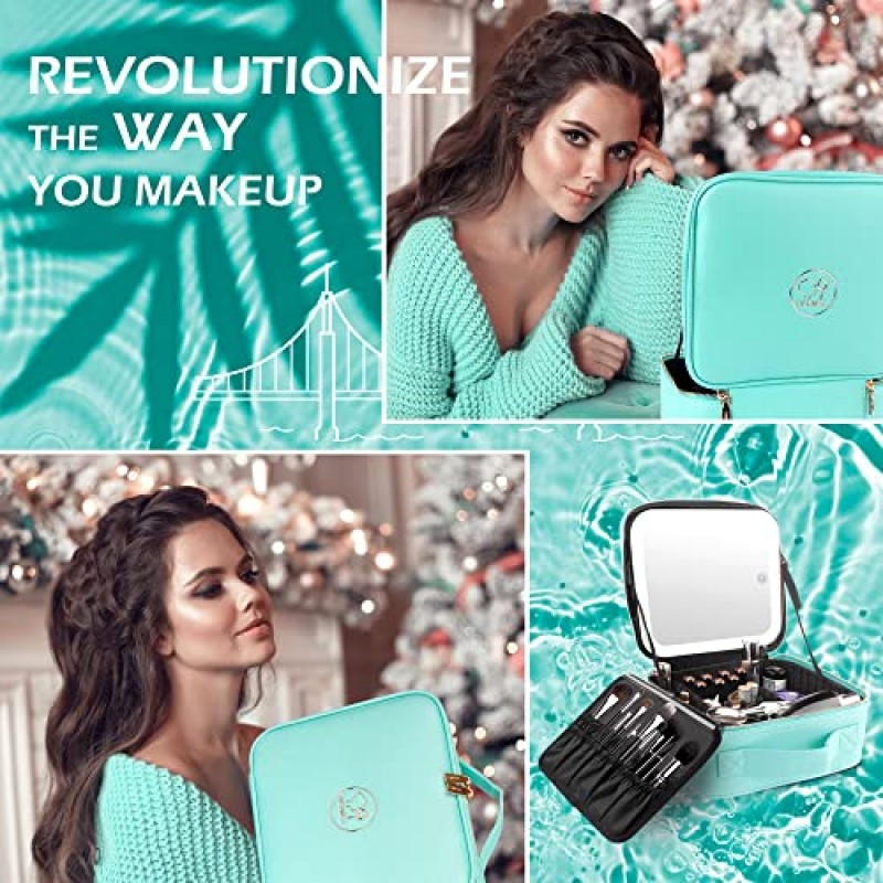 거울과 가벼운 MOMIRA 메이크업 가방 여행 메이크업 기차 케이스 화장품 가방 정리함 조절 가능한 칸막이가 있는 휴대용 아티스트 보관 가방 메이크업 브러쉬 보관 정리함 아쿠아 블루
