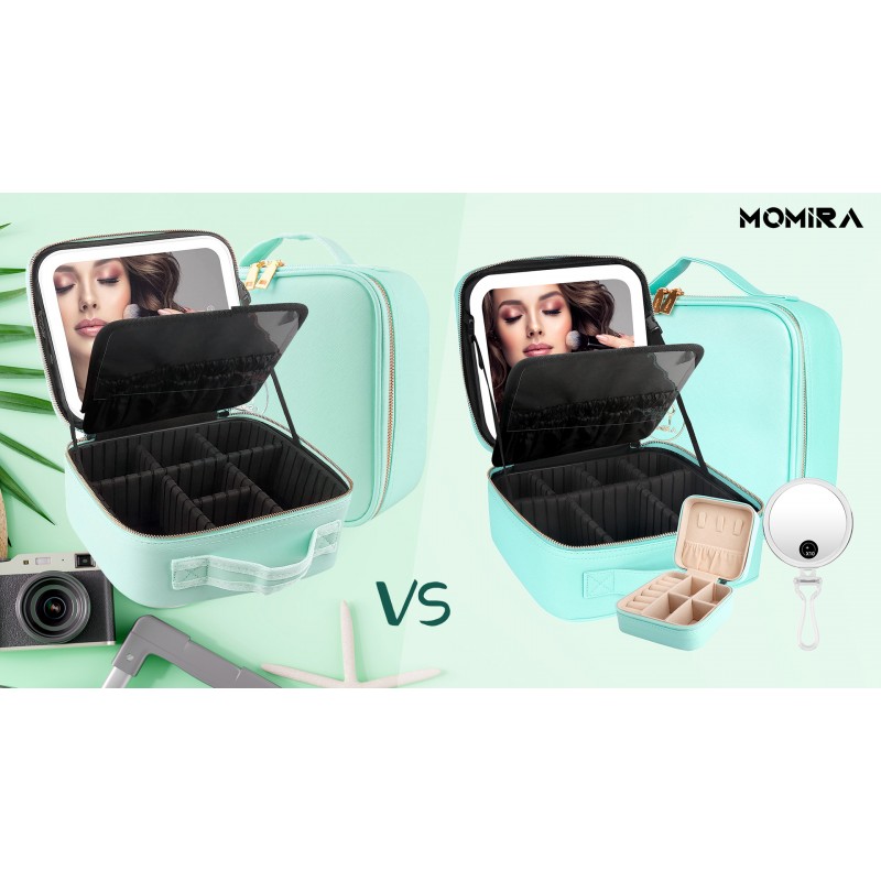 거울과 가벼운 MOMIRA 메이크업 가방 여행 메이크업 기차 케이스 화장품 가방 정리함 조절 가능한 칸막이가 있는 휴대용 아티스트 보관 가방 메이크업 브러쉬 보관 정리함 아쿠아 블루
