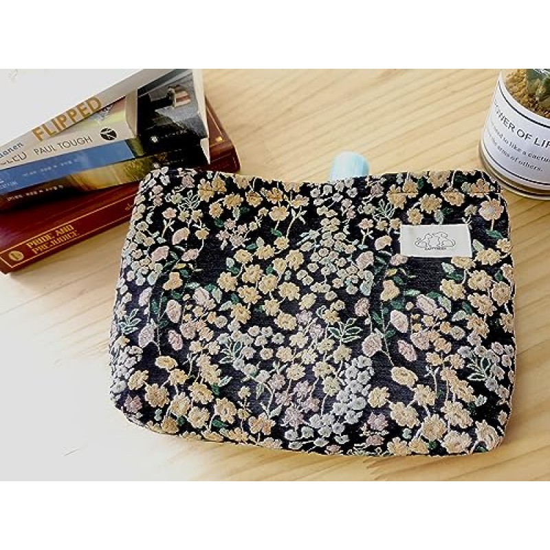 HAPPYHEIDI 여성 미적 여행 메이크업 가방 액세서리 지퍼 파우치 화장품, 지갑 주최자, 자수 행운의 꽃 블랙