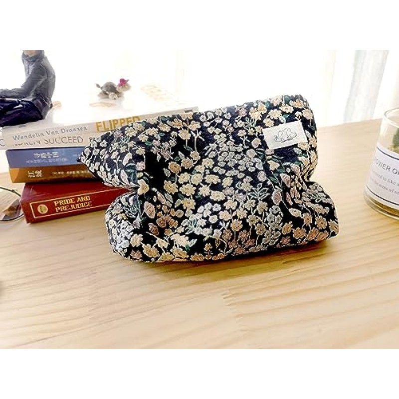 HAPPYHEIDI 여성 미적 여행 메이크업 가방 액세서리 지퍼 파우치 화장품, 지갑 주최자, 자수 행운의 꽃 블랙