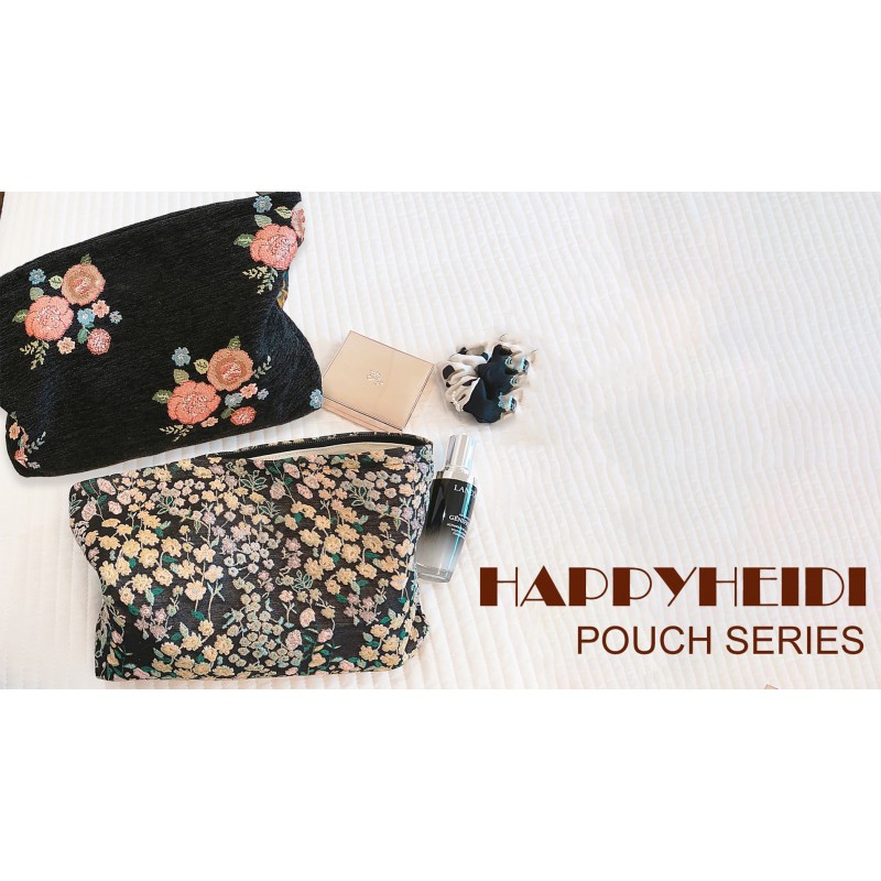 HAPPYHEIDI 여성 미적 여행 메이크업 가방 액세서리 지퍼 파우치 화장품, 지갑 주최자, 자수 행운의 꽃 블랙