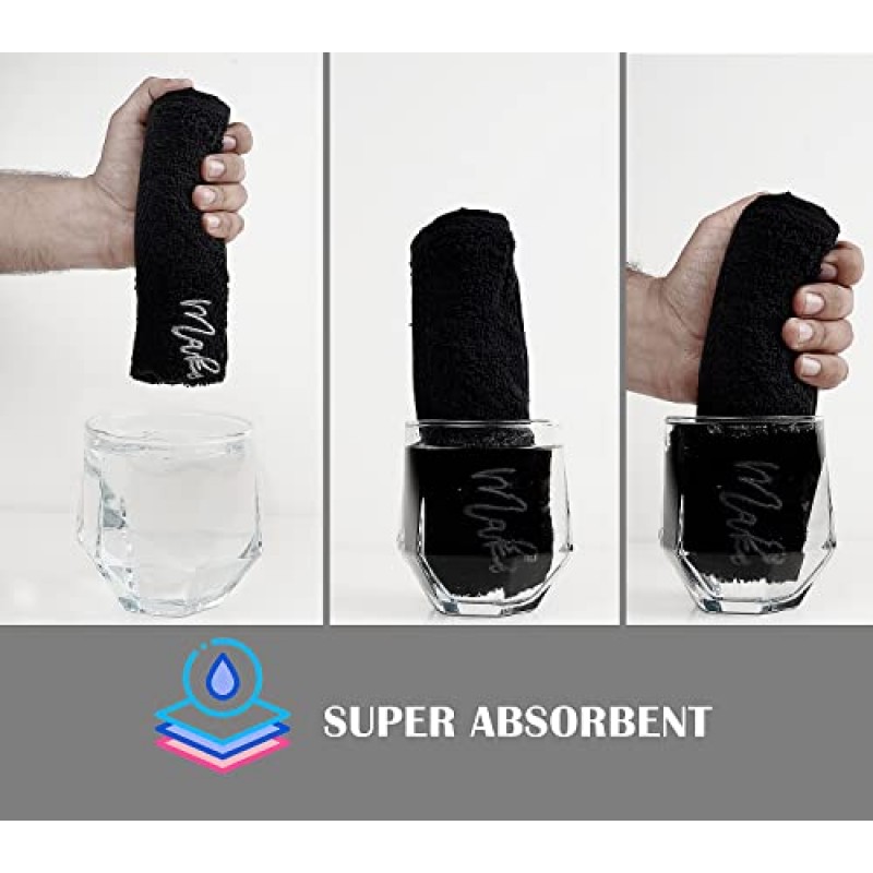 Zuperia 메이크업 리무버 워시 천 - 100% 면 부드럽고 속건성 손끝 페이스 타올 수건, 12 x 12인치. (6팩, 블랙)