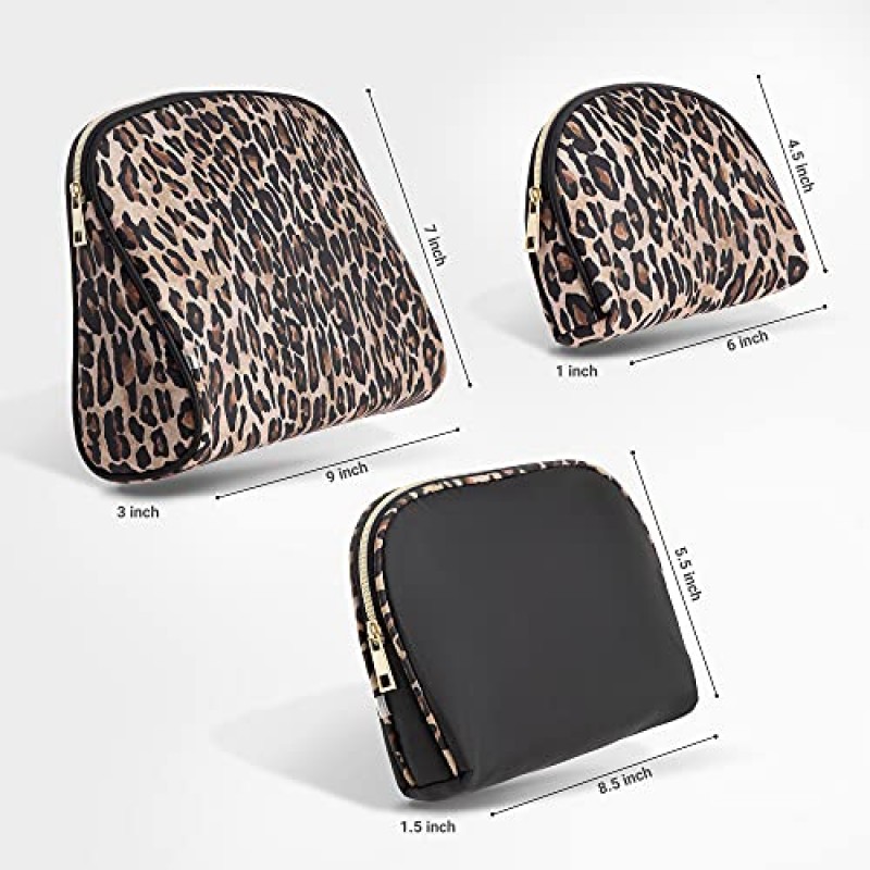 원스 어폰 어 로즈 화장품 가방 세트 3개, 여성용 지갑 사이즈 메이크업 가방, 세면용품 여행 가방, 메이크업 정리함, 여성용 화장품 가방 지퍼가 달린 파우치 세트, 대형, 중형, 소형(브라운 및 블랙 레오파드)