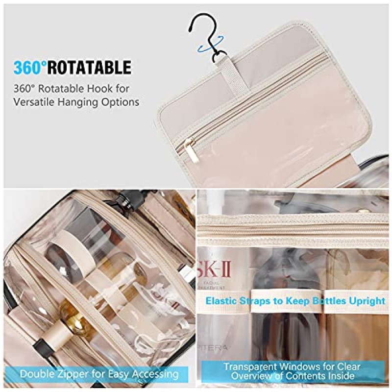 BELLSPIN 세면용품 가방 여성용 투명 여행용 메이크업 가방(걸이용 후크 포함), 여행용 메이크업 정리함 여행용 세면용품 및 샤워 액세서리용 화장품 가방(쉘 핑크)